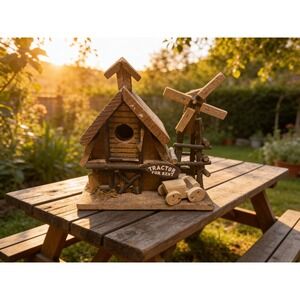 Rustic Wooden Birdhouse with Windmill and Tractor Farmhouse Garden cottagecore